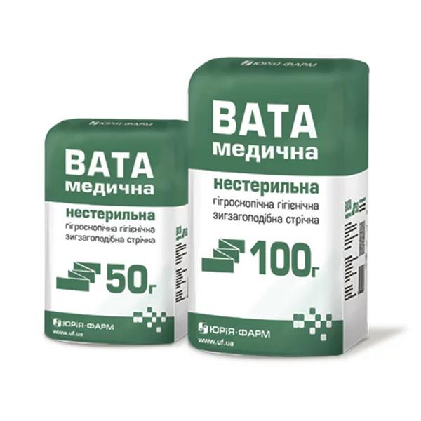 Вата медична гігроскопічна гігієнічна нестерильна ТМ "ЮРІЯ-ФАРМ", зигзагоподібна стрічка, 50 г